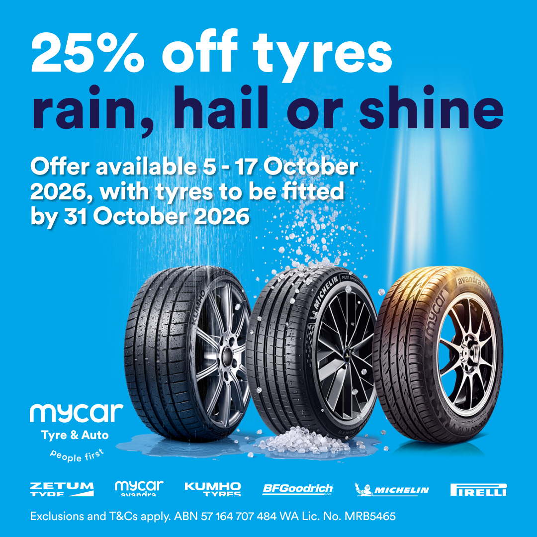Whatever the weather throws at you, get 25% off tyres at mycar Tyre & Auto